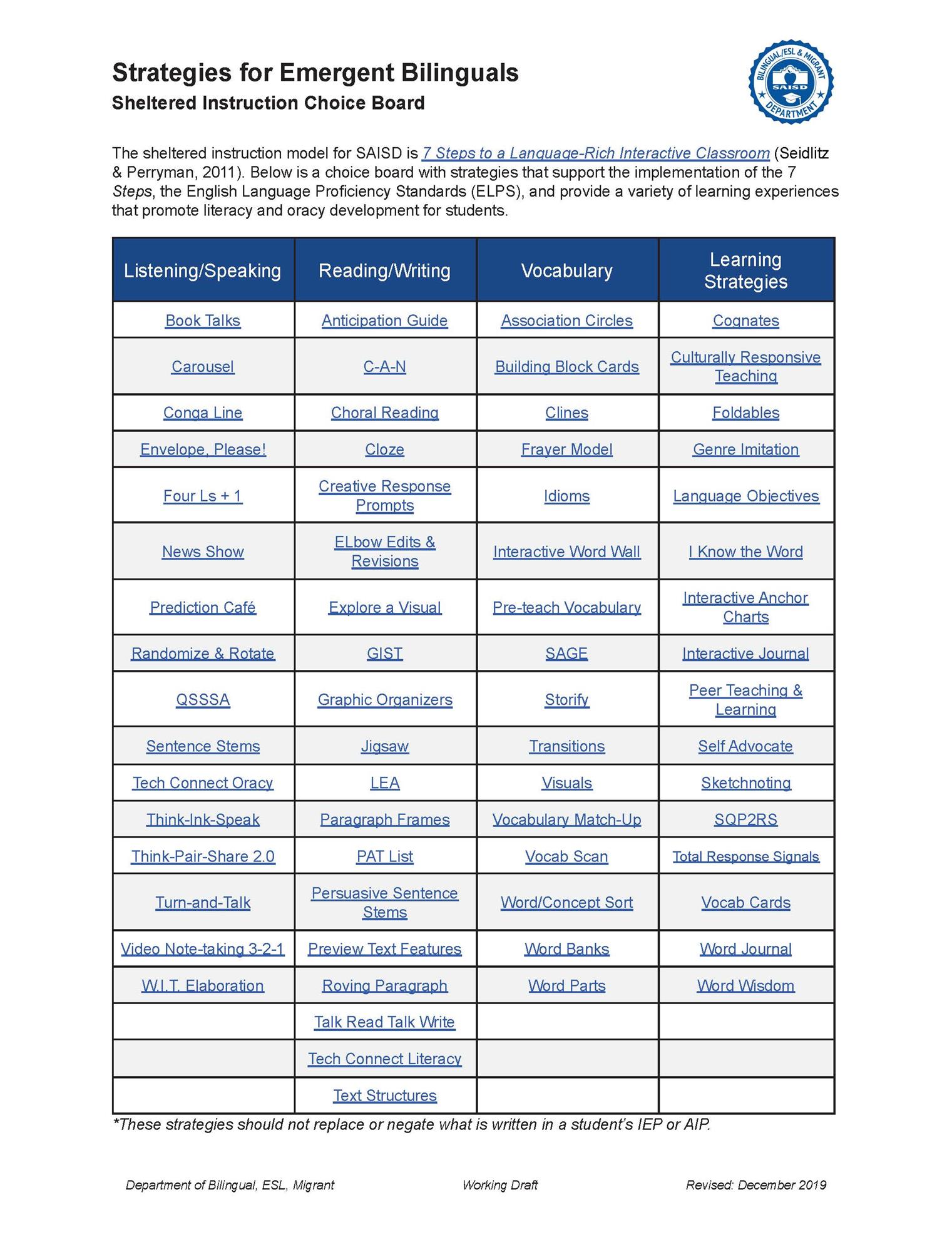 Emergent Bilinguals Choice Board